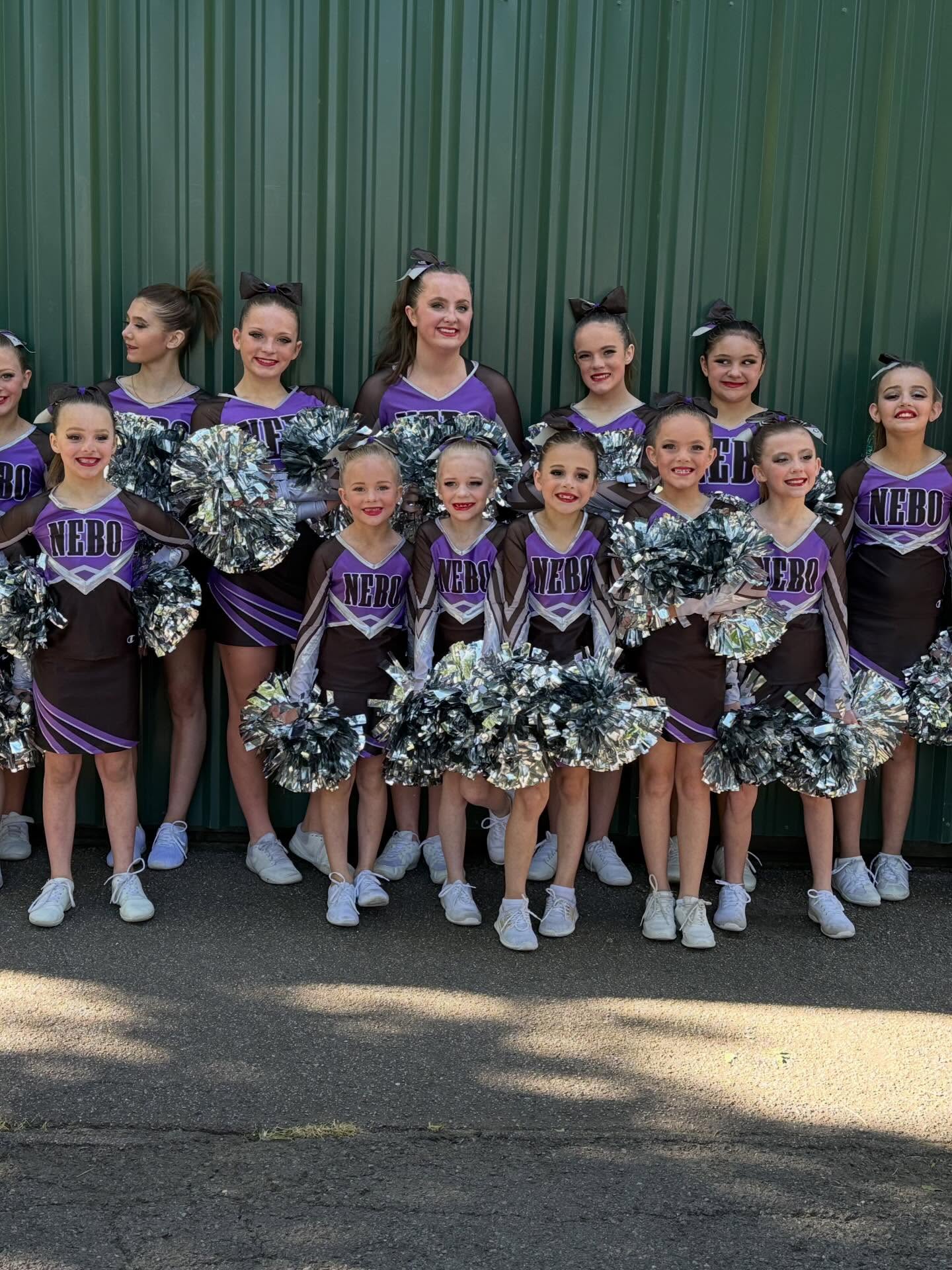 Nebo cheer team in purple and brown uniforms with silver pom poms